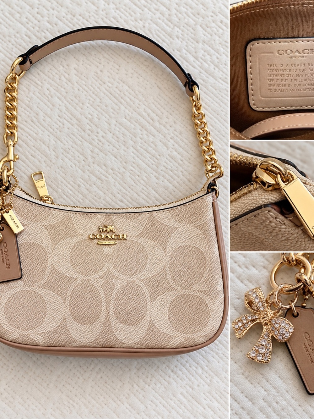 COACH Beige Signature Mini Shoulder Bag with Gold Chain